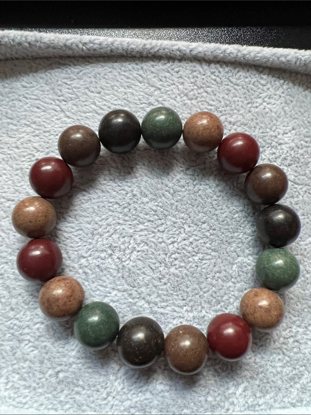 Multicolor Natural Wood Stretch Bracelet — Red, Green & Brown Beads